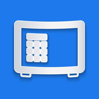 Kağıt kesiği Mavi zemin üzerinde güvenli simge izole. Kapı, şifreli bir banka kasası. Güvenilir Veri Koruma. Kağıt sanatı tarzı. Vektör.