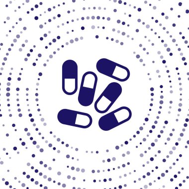 Mavi İlaç hapı ya da beyaz arka planda izole edilmiş tablet ikonu. Kapsül hapı ve uyuşturucu işareti. Eczane tasarımı. Soyut çember rastgele noktalar. Vektör.