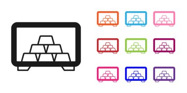 Beyaz arka planda izole edilmiş altın külçeli siyah kasa. Bankada değerli metaller var. Metalik hazine. Güvenilir veri koruması. Simgeleri renklendirin. Vektör.