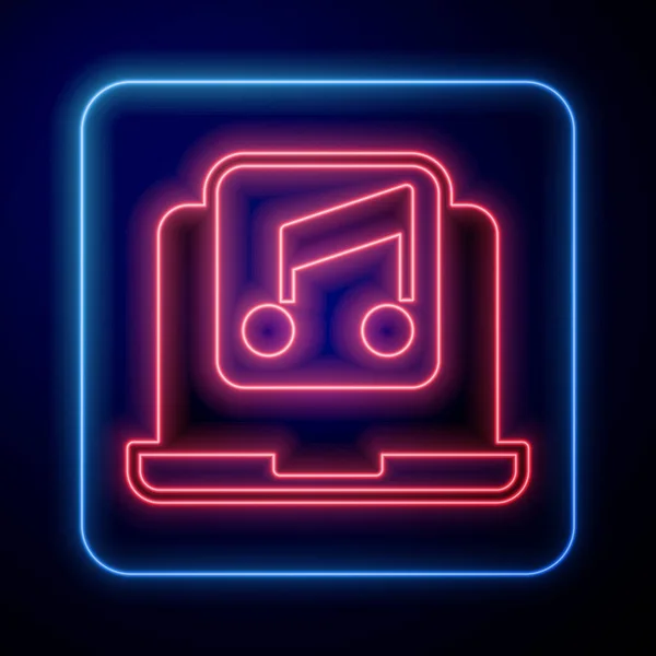 Glowing Neon Laptop Music Note Symbol Screen Icon Isolated Black — Image vectorielle