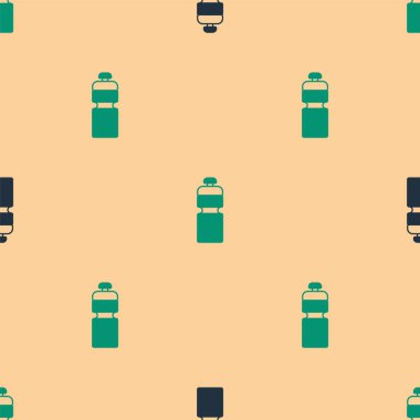 Green and black Fitness shaker icon isolated seamless pattern on beige background. Sports shaker bottle with lid for water and protein cocktails. Vector.