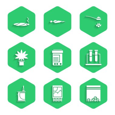 İlaç şişesi ve hapları hazırlayın. Açık kibrit kutusu plastik torba uyuşturucu testi tüpü tüpü, elektronik sigara marihuana veya esrar bitkisi, eroin kaşığı ve sigara ile duman ikonunu eşleştirin. Vektör.