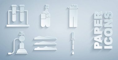 Kokain ya da eroin uyuşturucusu Lighter Nargile Pipette Bong 'u marihuana ve test tüpü ve matara ikonu içmeye ayarlayın. Vektör.