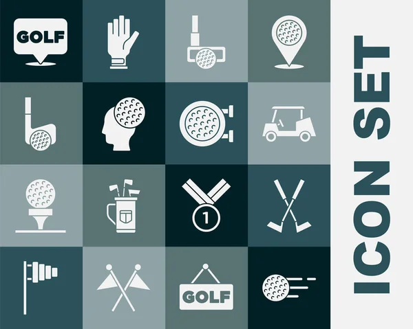 Set Golf Ball Voiture Club Golf Croisée Avec Étiquette Icône — Image vectorielle