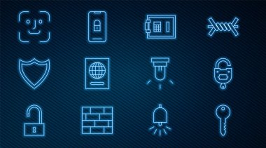 Anahtar Kilidi ve Anahtar Güvenli Pasaport Kalkanı Yüz tanıma sensörü ve Mobil kilit simgesini kapalı olarak ayarla. Vektör.