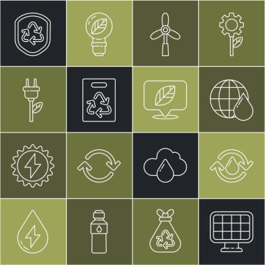 Güneş enerjisi panelini, temiz su gezegeni su damlası, rüzgar türbini, geri dönüşümlü elektrik prizi yaprağı sembolü, kalkan ve konum simgesi ile birlikte kağıt torbaya geri dönüştür. Vektör.