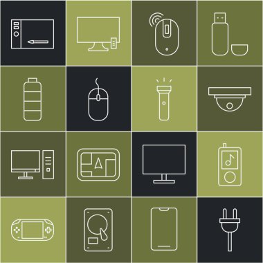 Hat Electric prize player Motion sensörü Kablosuz bilgisayar faresi Bilgisayar Bataryası şarj seviyesi göstergesi Graphic tablet ve Flashlight simgesi ayarla. Vektör.