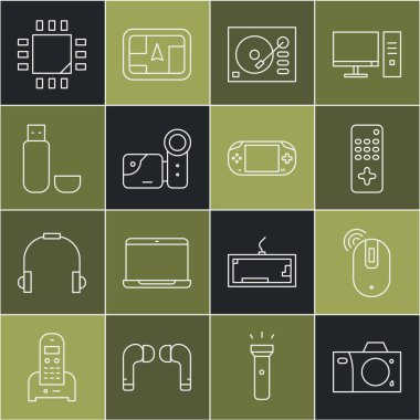 Foto kamera kablosuz bilgisayar faresi uzaktan kumandalı Vinil oynatıcı Sinema USB flash sürücü işlemcisini mikrodevreler işlemcisi ve taşınabilir video oyun konsolu simgesi ile ayarla. Vektör.