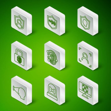 Satır yüz tanıma sensörü koruma parmak izini kilit sesi ve simgesi ile ayarla. Vektör.