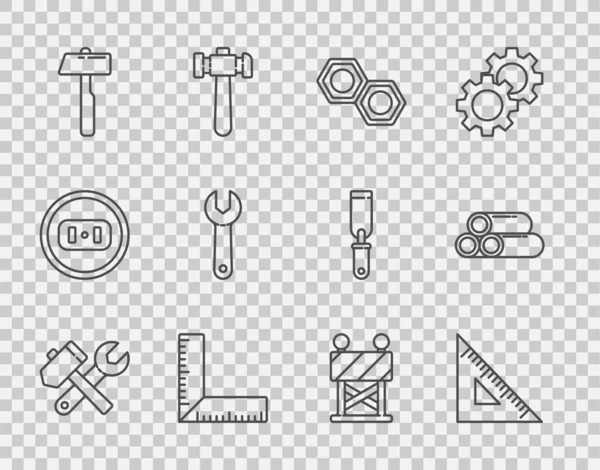 Set Line Hammer Wrench Spanner Trojúhelníkový Pravítko Hexagonální Kovová Matice — Stockový vektor