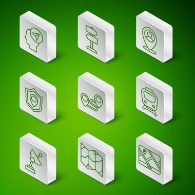 Radar ve Tren simgesi konum kalkanı trafik işaretli hat şehir haritası konumu katlanmış konumu ayarlayın. Vektör.