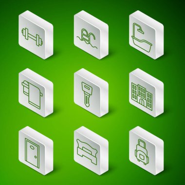 Set line Suitcase Bedroom Dumbbell Hotel door lock key Towel on hanger Swimming pool and building icon. Vector.