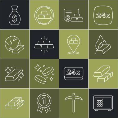 Hat güvenli altın değiş tokuş parası sertifikalı erimiş altın eski çanta ve simgeyle dolduruluyor. Vektör.