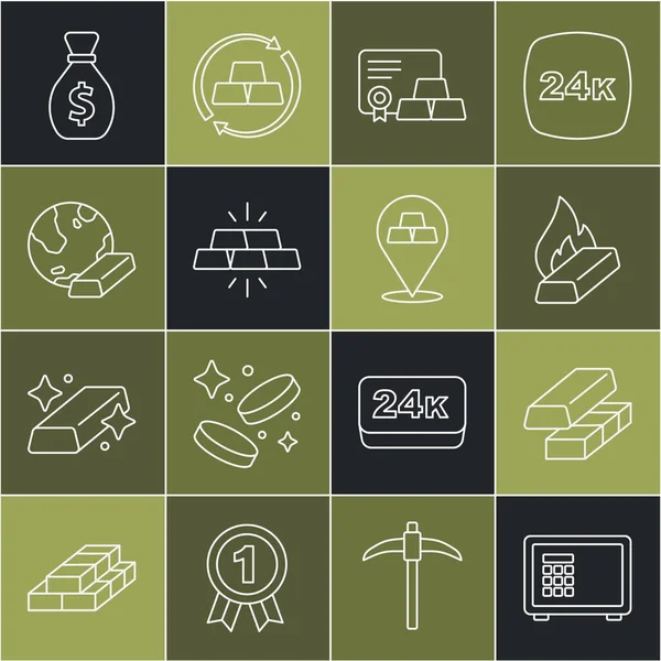 Hat güvenli altın değiş tokuş parası sertifikalı erimiş altın eski çanta ve simgeyle dolduruluyor. Vektör.