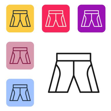 Siyah çizgi kısa veya pantolon simgesi beyaz arkaplanda izole edildi. Renkli kare düğmelerle simgeleri ayarla. Vektör.