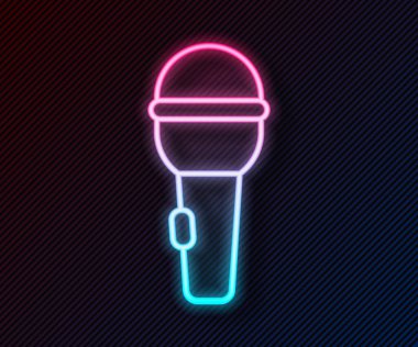 Parlayan neon hattı mikrofon simgesi siyah arkaplanda izole edildi. Radyodaki mikrofondan. Sözcü işareti. Vektör.