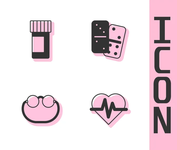 Set Heart Rate Medicine Bottle Pills Eyeglasses Domino Icon Vector — Stockvektor