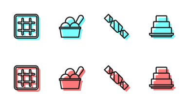 Sıra Candy, Waffle, kasede dondurma ve pasta ikonu. Vektör.