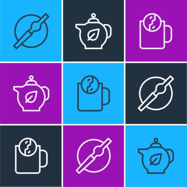 Çizgiye sigara saati ve yaprak ikonlu çaydanlık koyun. Vektör.