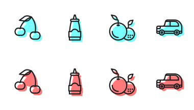 Vişne sosu şişesi ve araba ikonu. Vektör.