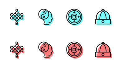 Çin Yuan para birimi el feneri Yin Yang sembolü ve şapka simgesi. Vektör.