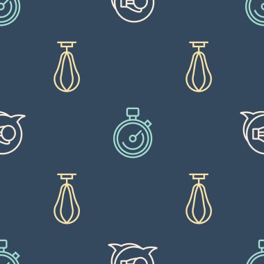 Çizgi boks eldiveni kum torbası ve Stopwatch 'ı kusursuz desene ayarlayın. Vektör.