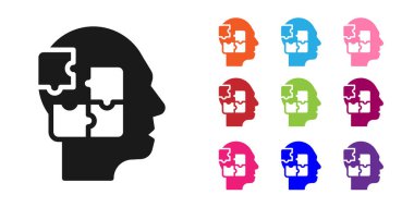 Black Human head puzzles strategy icon isolated on white background. Thinking brain sign. Symbol work of brain. Set icons colorful. Vector.
