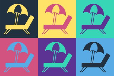 Pop Art Sunbed simgesi renk arkaplanında izole edildi. Plaj şemsiyesi ve dinlenme odası. Vektör.