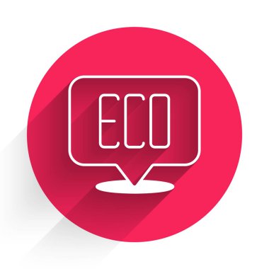 Beyaz Yaprak Çevre sembolü uzun gölge arkaplanı ile izole edilmiş. Pankart, etiket, etiket, logo, çevre yeşili etiketi. Kırmızı daire düğmesi. Vektör.