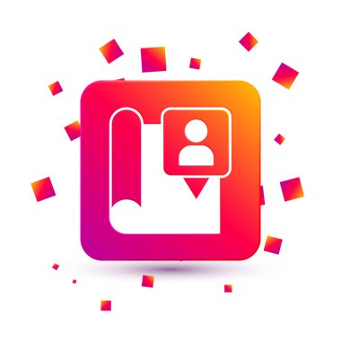 Beyaz zemin üzerinde konum belirleyici simgesi olan beyaz katlı harita. Kare renk düğmesi. Vektör.