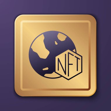 Mor NFT Dijital Şifreleme Sanatı simgesi mor arkaplanda izole edilmiş. Para iadesi olmayan jeton. Altın kare düğme. Vektör.