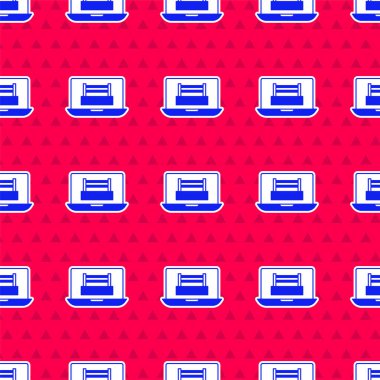 Dizüstü bilgisayar simgesinde mavi boks yüzüğü kırmızı arkaplanda izole edilmiş. Vektör.