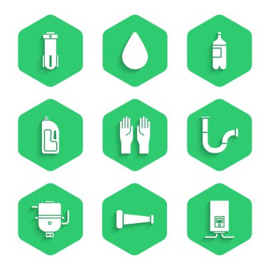 Kauçuk Eldivenler Endüstrisi metalik boru kazanını su giderici şişesi ve su filtresi ikonu ısıtmak için yanan elektrik ile ayarla. Vektör.