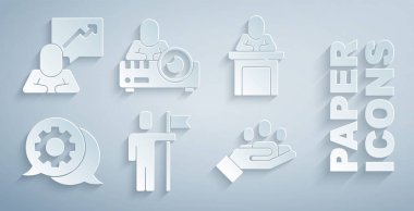 Ekip lideri Speaker 'ın baloncuk sohbetini ayarla Halkın Medya Projektörü ve simgesi için El. Vektör.