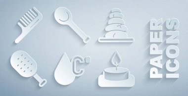 Su sıcaklığını ayarla. Sıcak taşlar, sauna fırçası, mum kepçesi ve saç fırçası ikonu. Vektör.