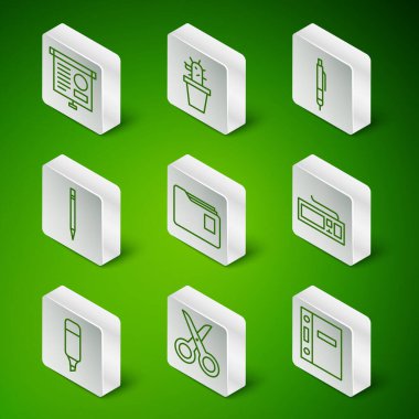 Satır Ofisi dizinleri makas Kireç tahtasını diyagram Döküman Silgi Kaktüsüyle ve kalemi ve klavye simgesiyle sulu olarak ayarla. Vektör.