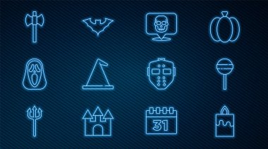 Yakıcı mum, Kafatası Lolipop Cadı şapkası komik korkunç hayalet maskeli tahta balta hokeyi ve uçan yarasa ikonu. Vektör.