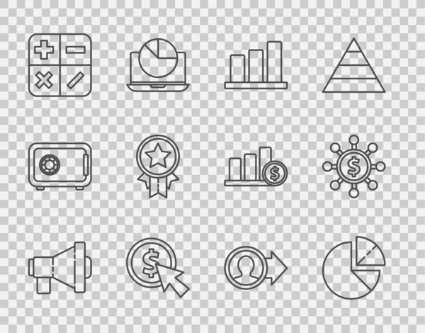 Setzen Sie Linie Megaphone Pie Diagramm Infografik Cursor Und Münze — Stockvektor