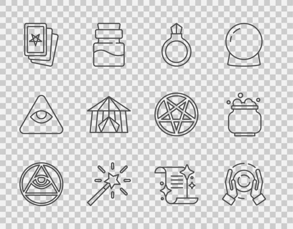 Set Line Masons Anillo Piedra Bola Mágica Con Varita Gema — Vector de stock