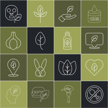 Et yok, et yok, et yok, sebze yok, yaprak yok, sarımsak yüz maskesi yok, yağ şişesi ikonu yok. Vektör.