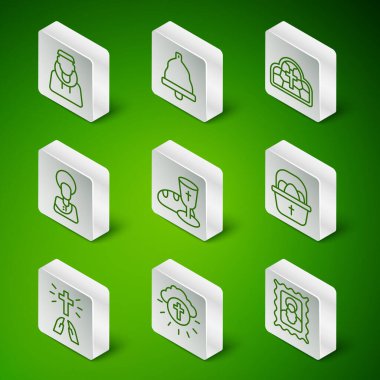 Hristiyan ikonu dini haçı daire içine al Keşiş kadehi ve ekmek İsa Kilisesi çanı pozisyonu ve paskalya yumurtası ikonlu sepet. Vektör.