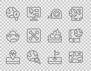 Küresel Gezegen Ampul Arkeoloji Bayrağı ve kitap ikonu ile Deprem Topografik Haritası Rulet İnşaat Büyüteci Hattı kur. Vektör.