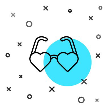 Siyah çizgi kalp şeklinde aşk gözlüğü simgesi beyaz arkaplanda izole edilmiş. Sevgililer Günü kartı tasarımı için uygun. Rastgele dinamik şekiller. Vektör.