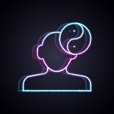 Parlak neon çizgisi Yin Yang siyah arkaplanda izole edilmiş uyum ve denge simgesi. Vektör.
