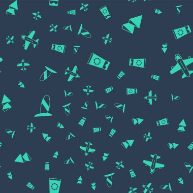 Güneş kremini tüpe, Mısır piramitlerine, sörf tahtasına ve düzlemine kusursuz bir şekilde yerleştir. Vektör.