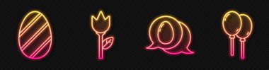 Paskalya yumurtalı konuşma balonu, Paskalya yumurtası, çiçek lalesi ve kurdeleli balonlar. Parlayan neon ikonu. Vektör.