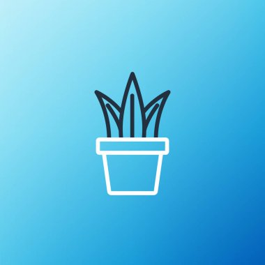 Esrar ikonundaki Çizgi Tesisi mavi arka planda izole edildi. Tencerede yetişen bir bitki. Saksı bitkisi işareti. Renkli taslak konsepti. Vektör.