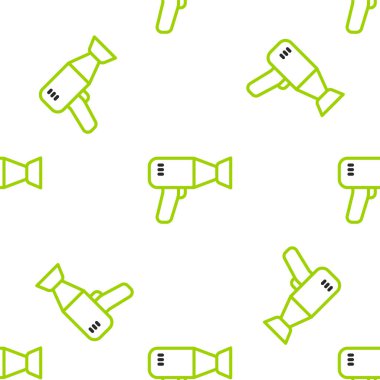 Çizgi saç kurutma ikonu beyaz arkaplanda kusursuz desen izole etti. Saç kurutma makinesi tabelası. Saç kurutma sembolü. Sıcak hava üflüyor. Vektör.