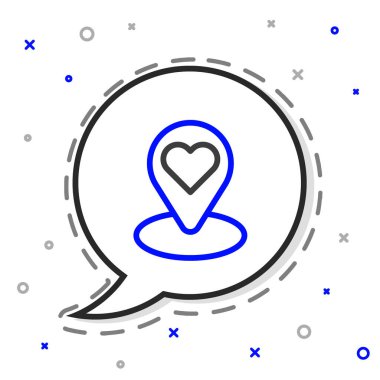 Beyaz arkaplanda kalp simgesi olan çizgi haritası işaretçisi. Sevgililer Günü. Aşk yeri. Romantik harita iğnesi. Renkli taslak konsepti. Vektör.