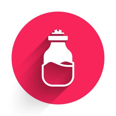 Uzun gölgeli beyaz baharat ikonu. Baharat koleksiyonu. Baharat, cam kutunun içindeki baharatlar. Kırmızı daire düğmesi. Vektör.